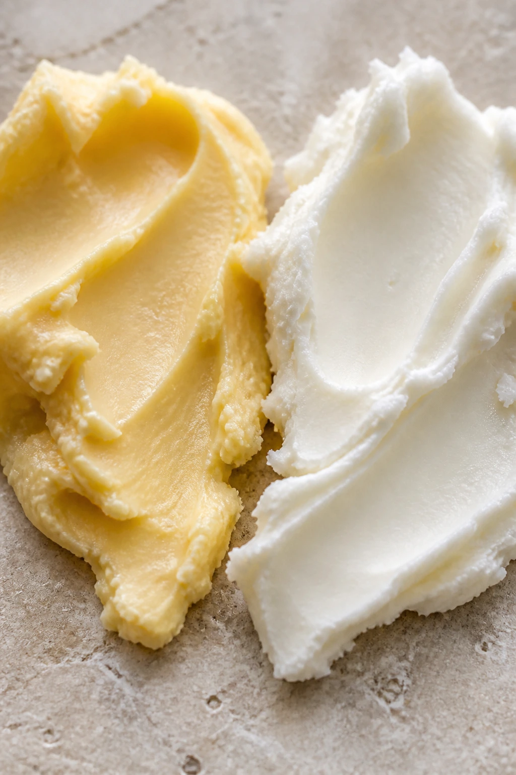 Two butter swatches showing textures on stone surface