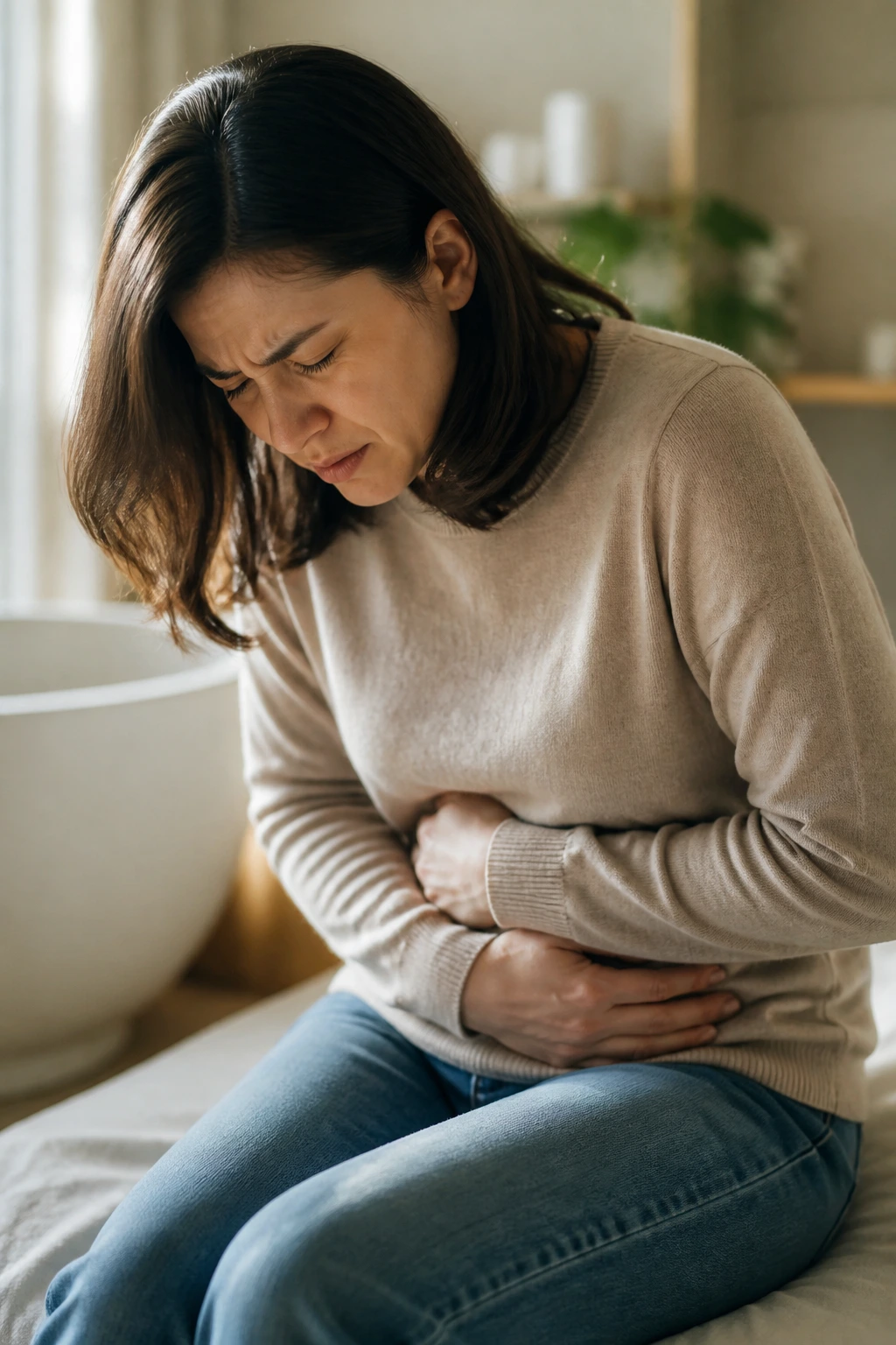 Close-up of a person clutching their abdomen in discomfort at home, illustrating constipation symptoms.