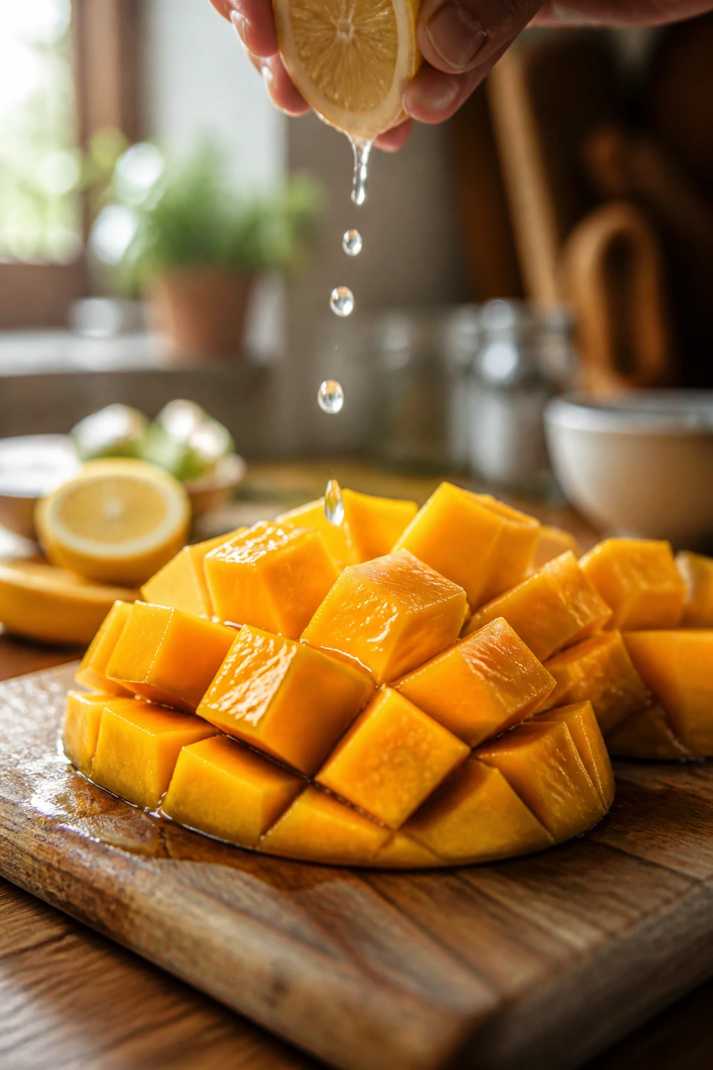 Close-up of cut mango slices with lemon juice on a wooden cutting board in a warm kitchen