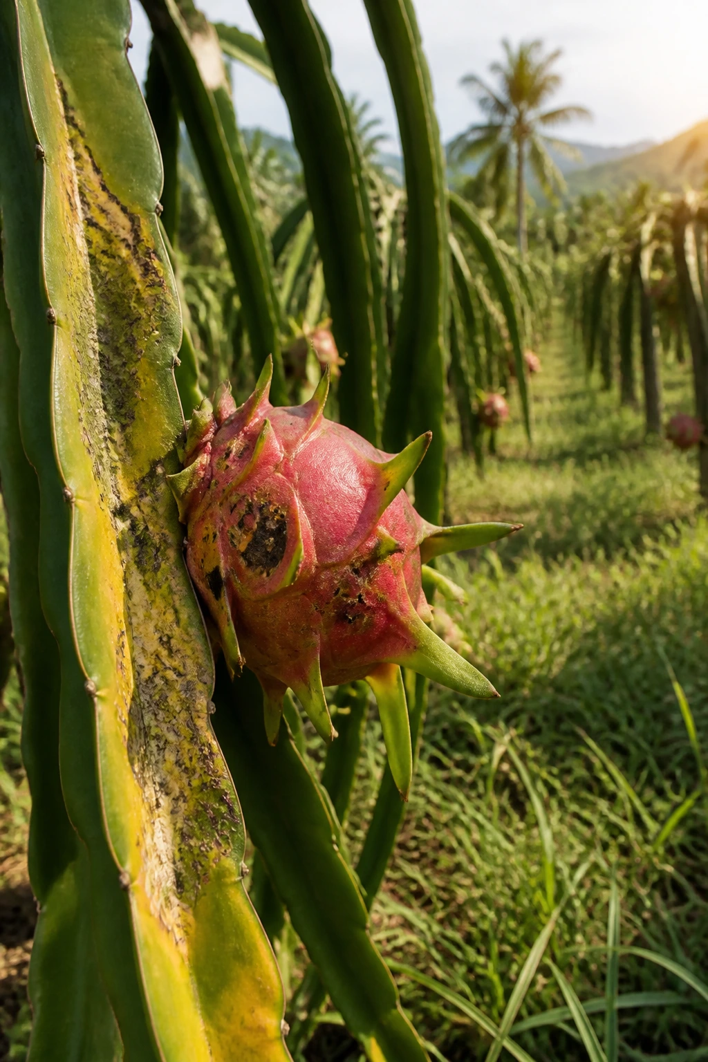 Dragon fruit plant with stressed leaves and pest-damaged fruit in a farm field