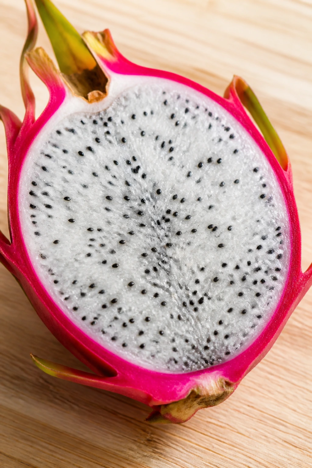 Close-up of dragon fruit half highlighting bright flesh and seeds