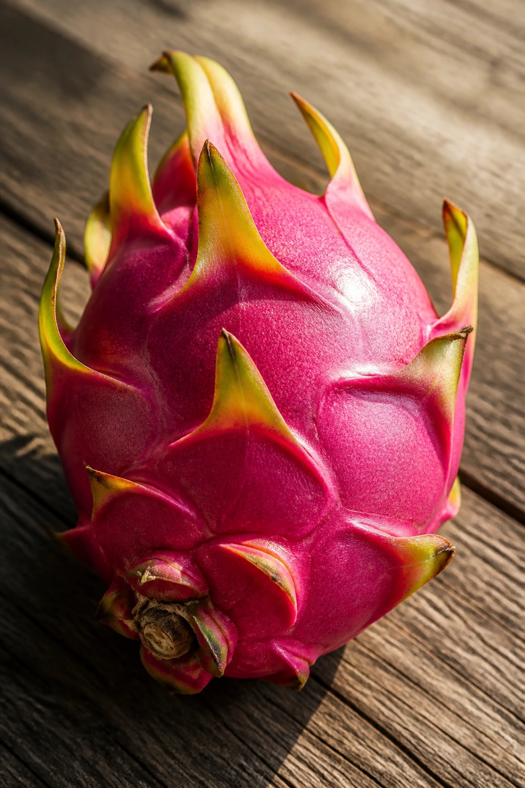 Close-up of whole pink dragon fruit on a wooden surface