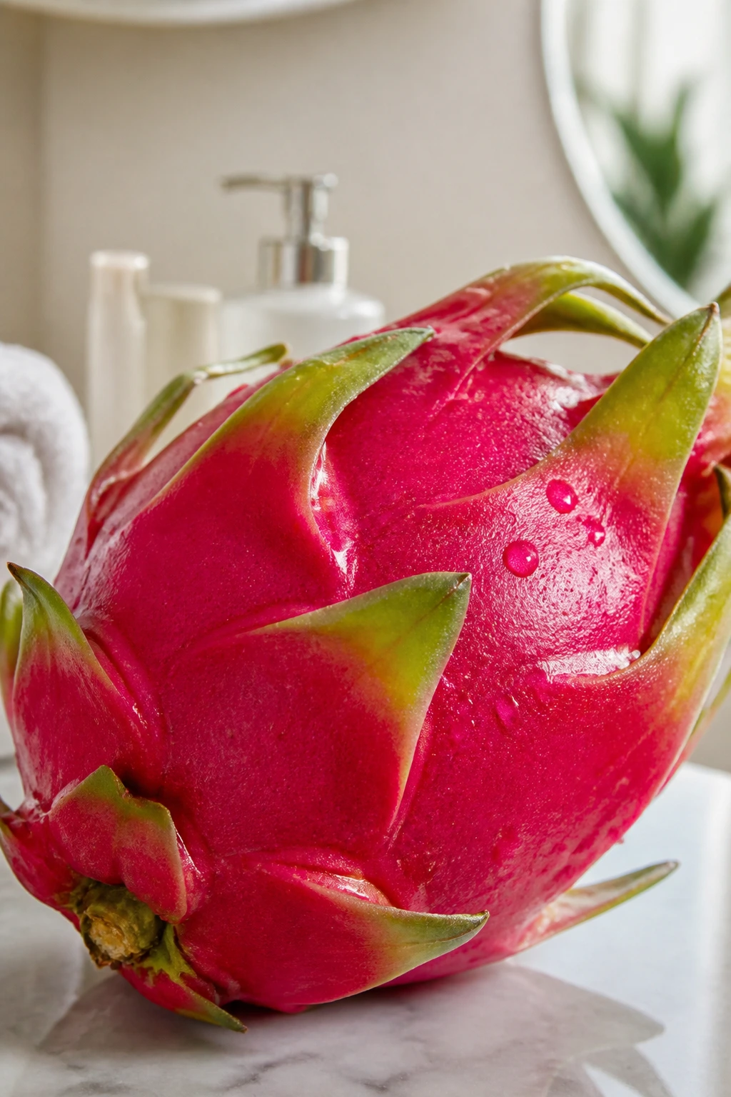 Whole dragon fruit in a soft-lit bathroom setting