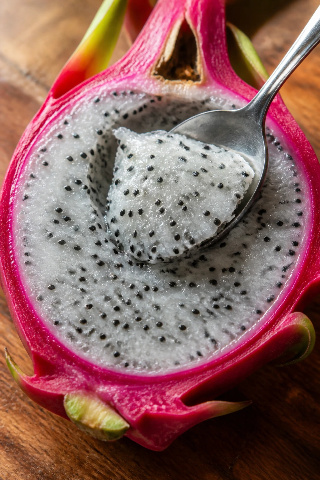 Close-up of dragon fruit half with spoon scooping flesh on wooden surface