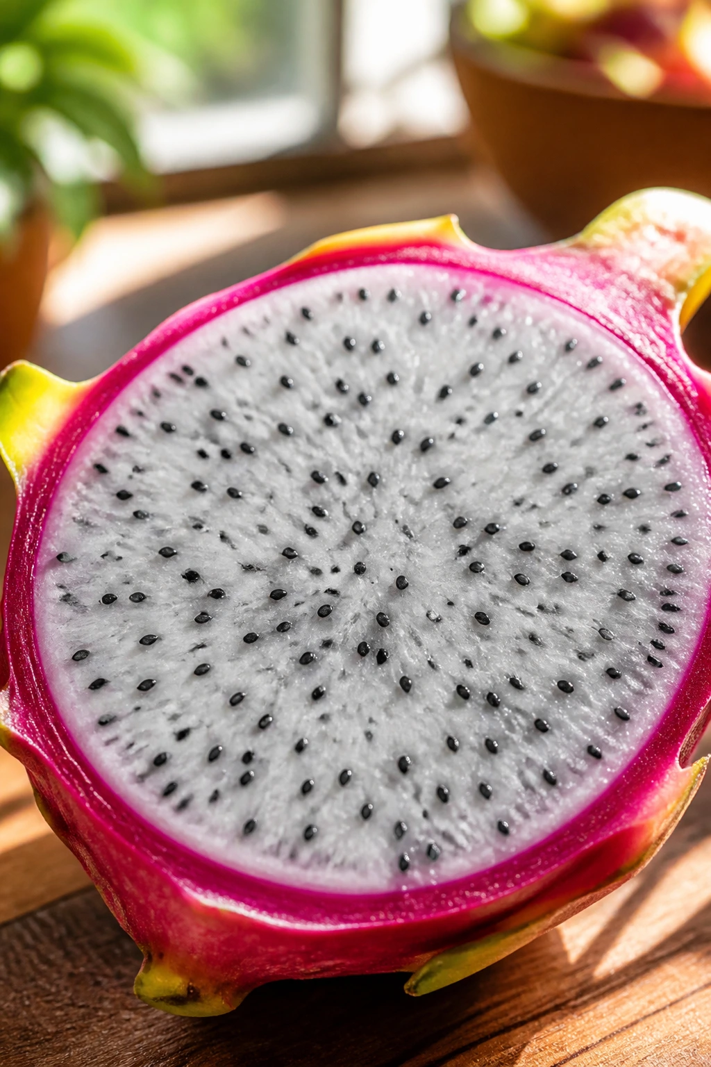 Close-up halved dragon fruit with pink rind and white flesh for skincare imagery