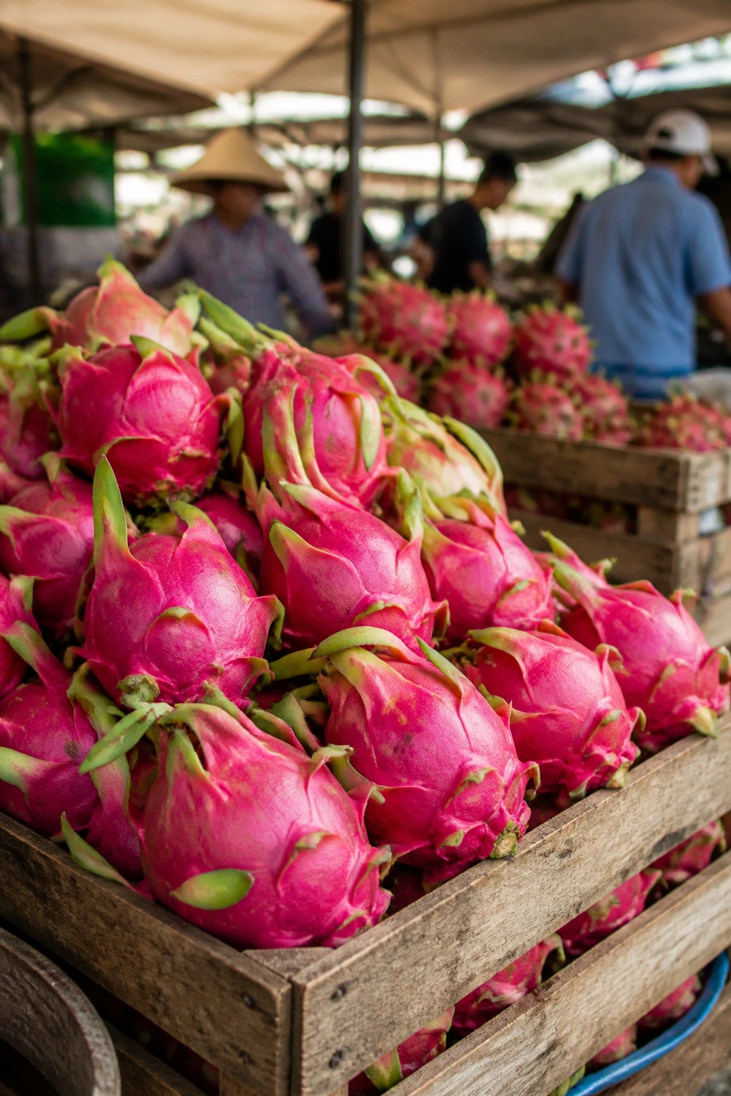 Close-up of vibrant dragon fruits in crates at an outdoor market