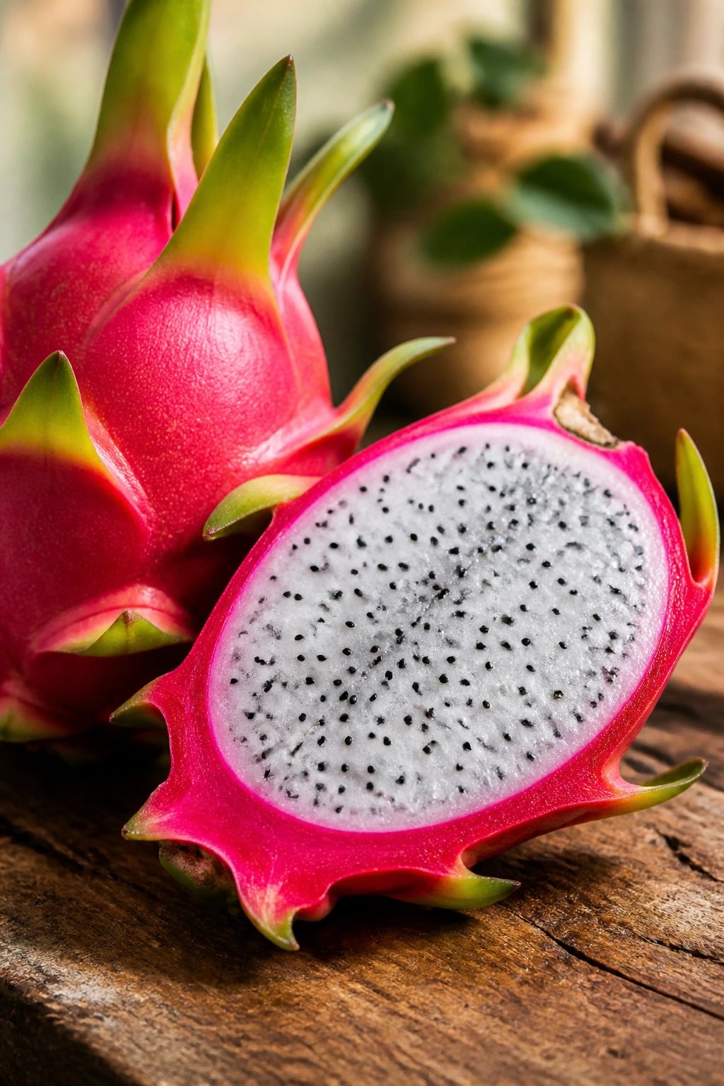 Close-up of pink dragon fruit halved to show white flesh with black seeds on a wooden counter