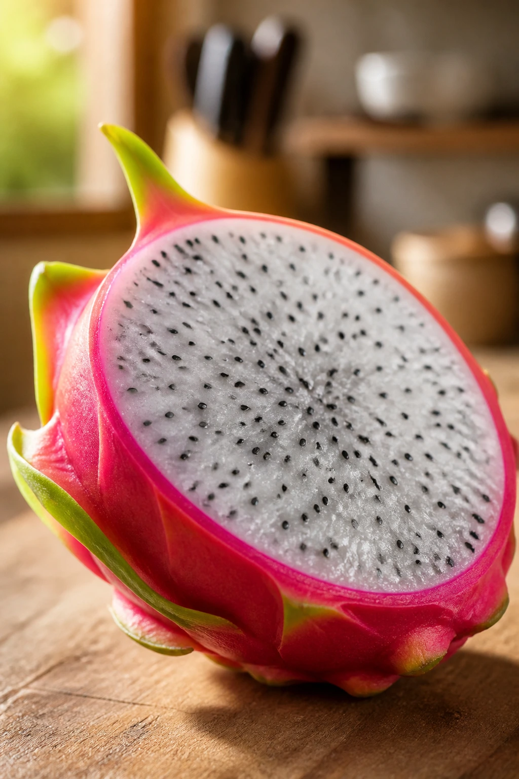 Close-up of dragon fruit half on wooden surface with warm kitchen background