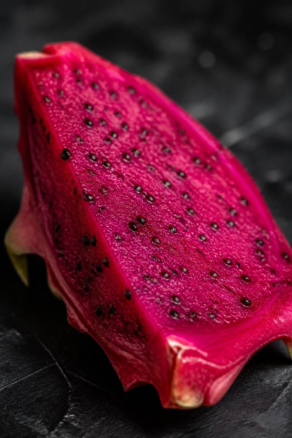 Dragon fruit piece on a dark surface with moody lighting