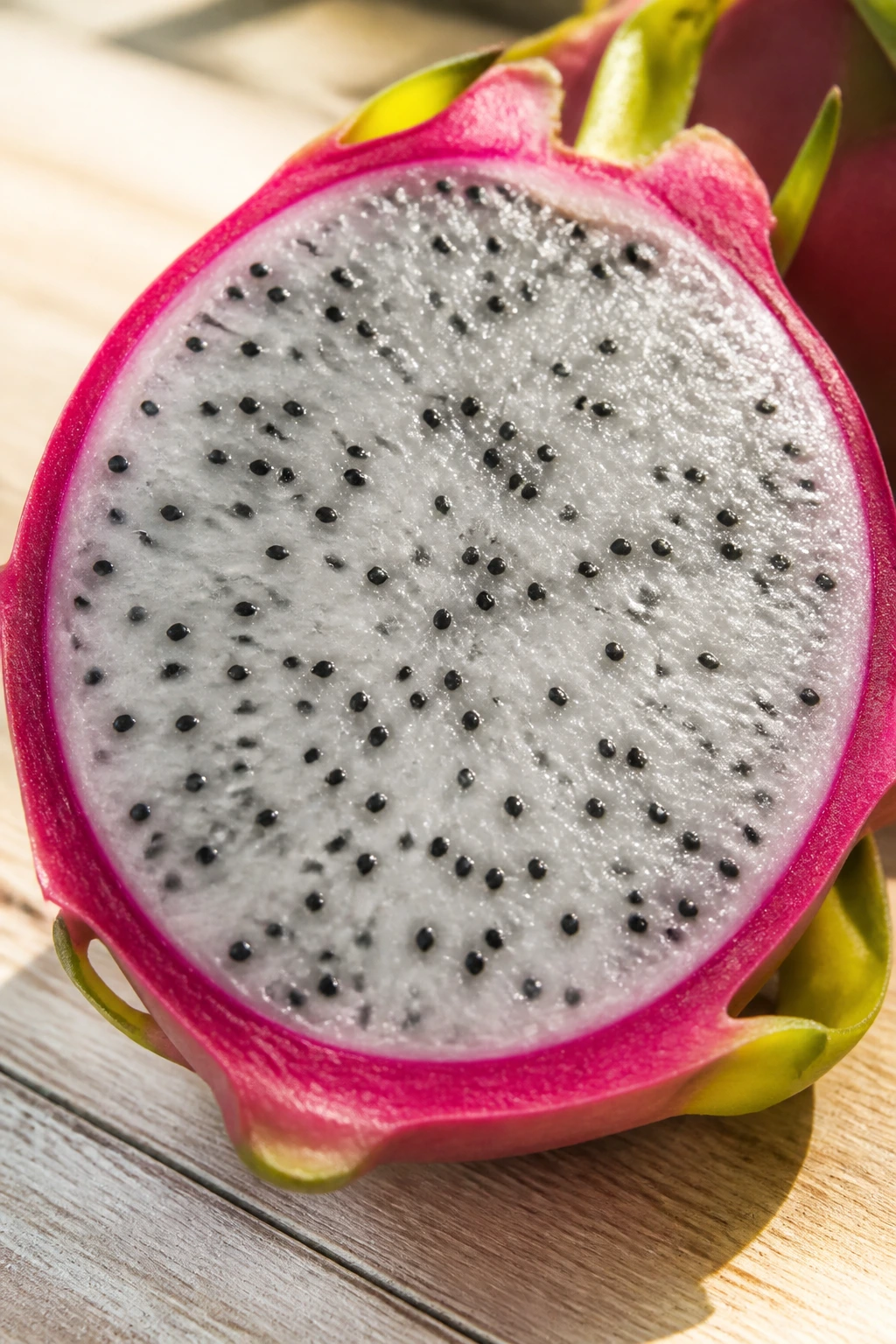Dragon fruit half with bright flesh and seeds on a wooden surface