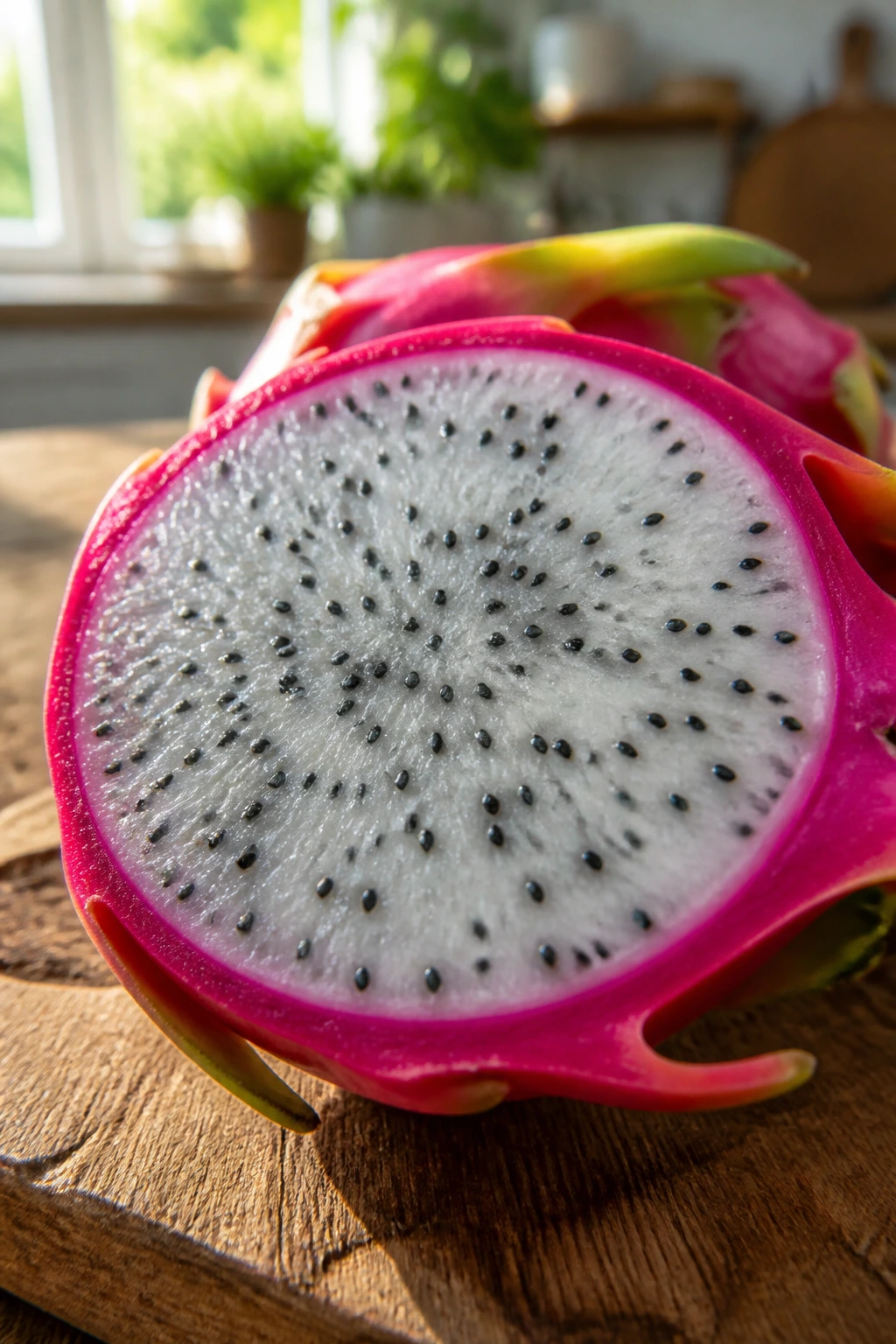 Close-up of dragon fruit halves on a wooden cutting board in a sunlit kitchen