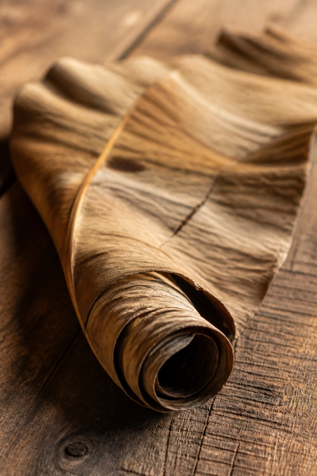 Dried banana leaf curled on rustic wood with textured edges