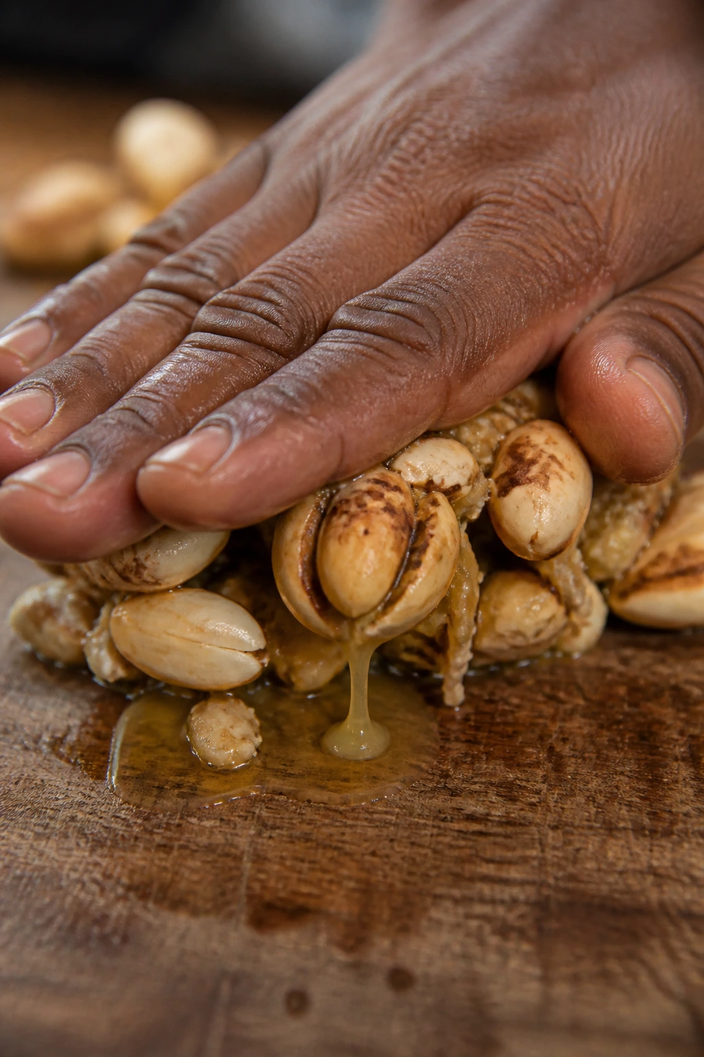 Hand pressing mango seeds to extract oil