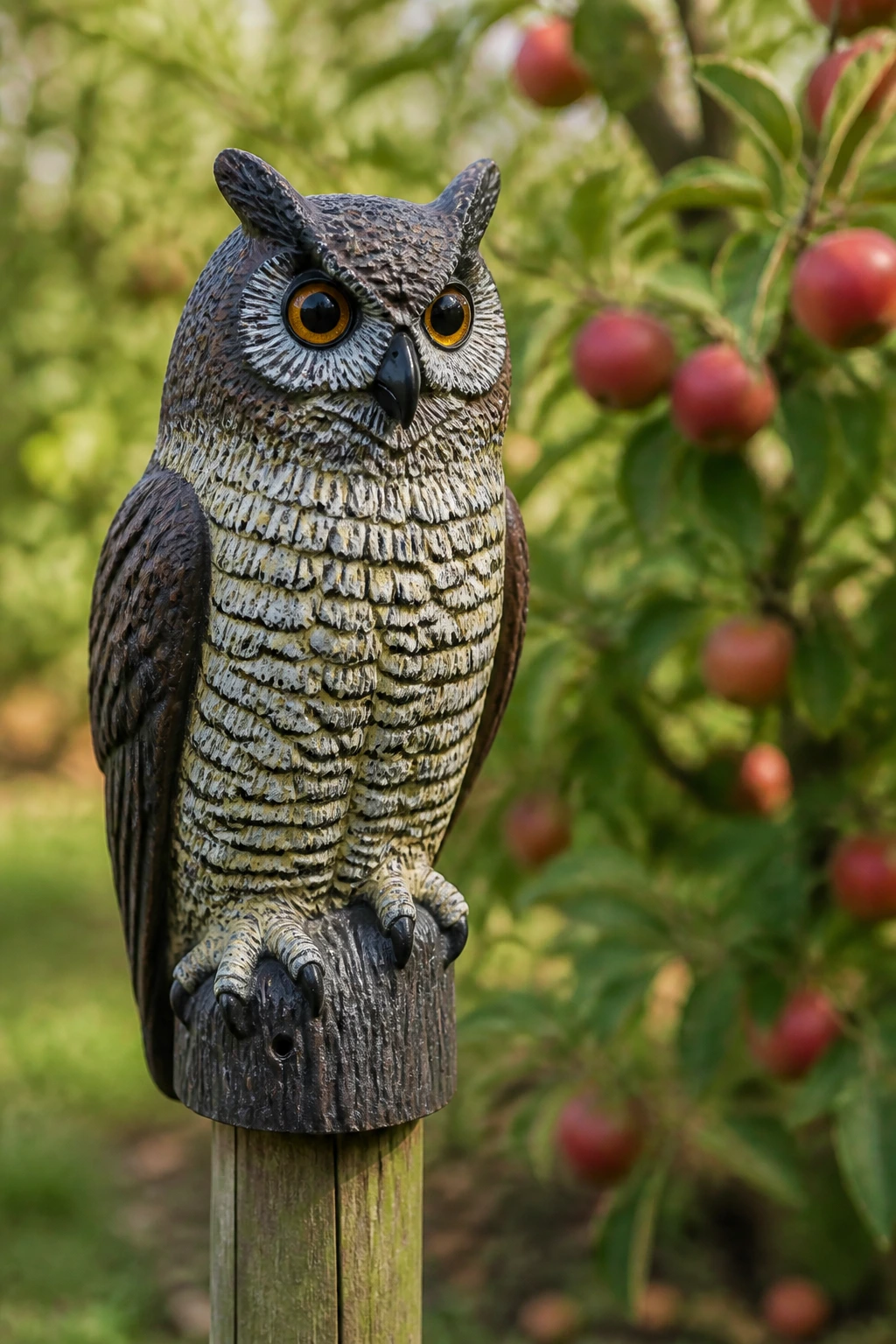 How to Protect Fruit on Trees from Birds 4 Fake owl decoy in a fruit garden to deter birds