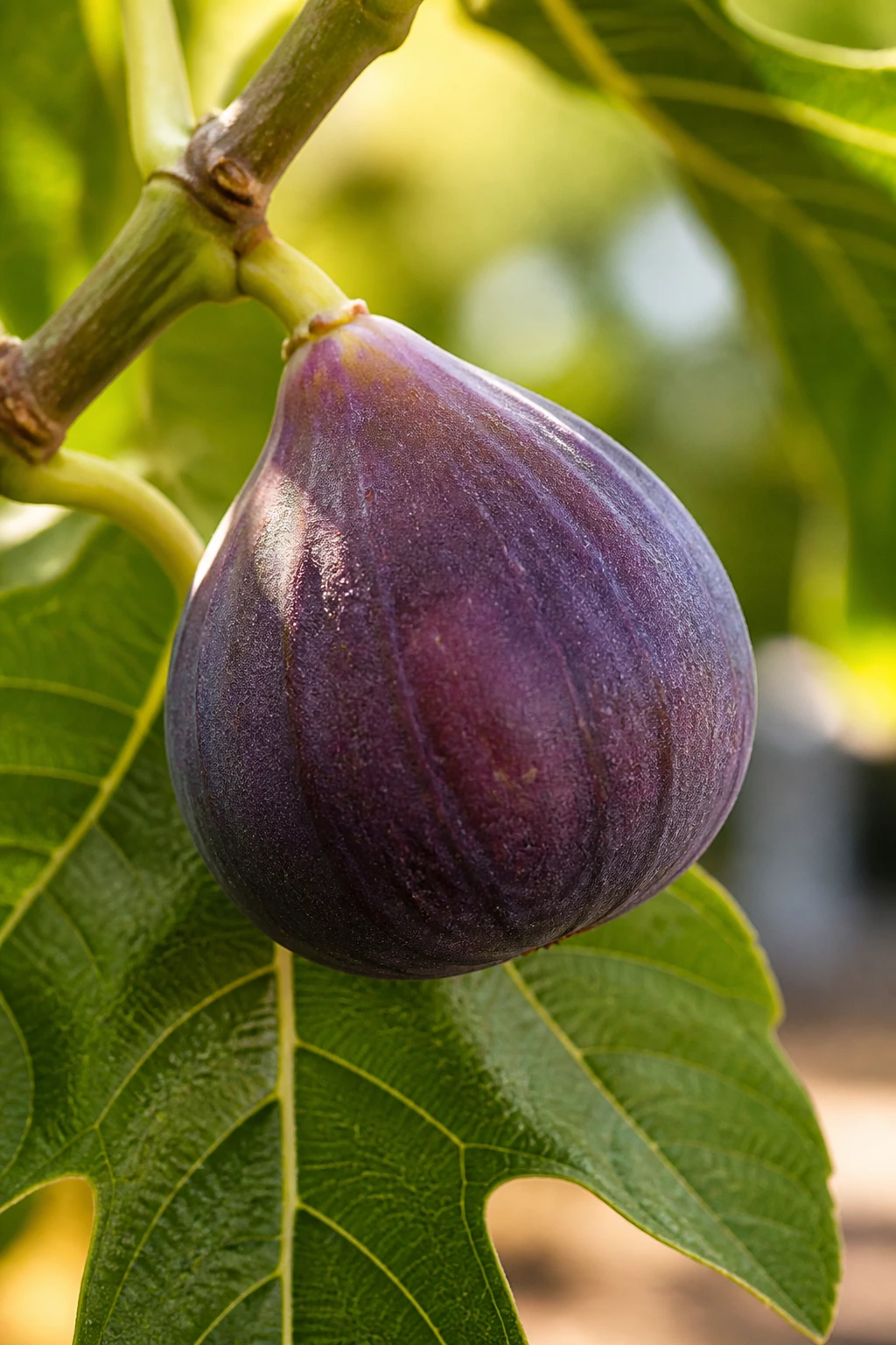 Close-up of a ripe fig on a branch in a sunlit garden