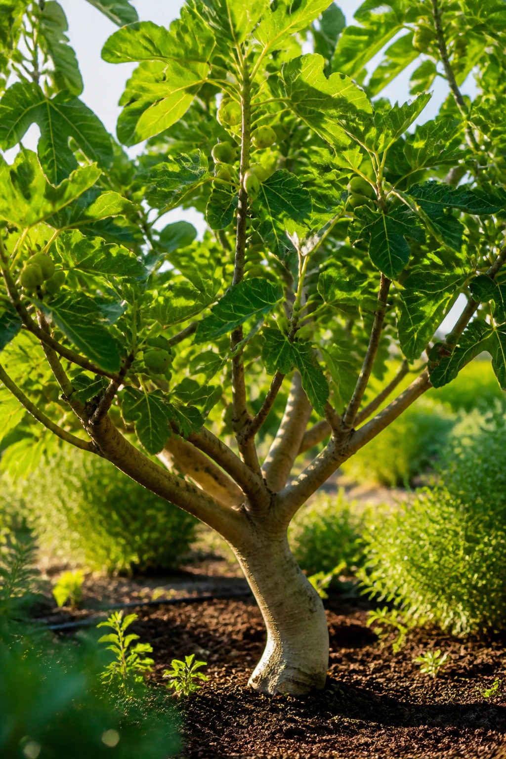 Fig tree canopy and trunk in a sunlit garden illustrating factors influencing fruiting