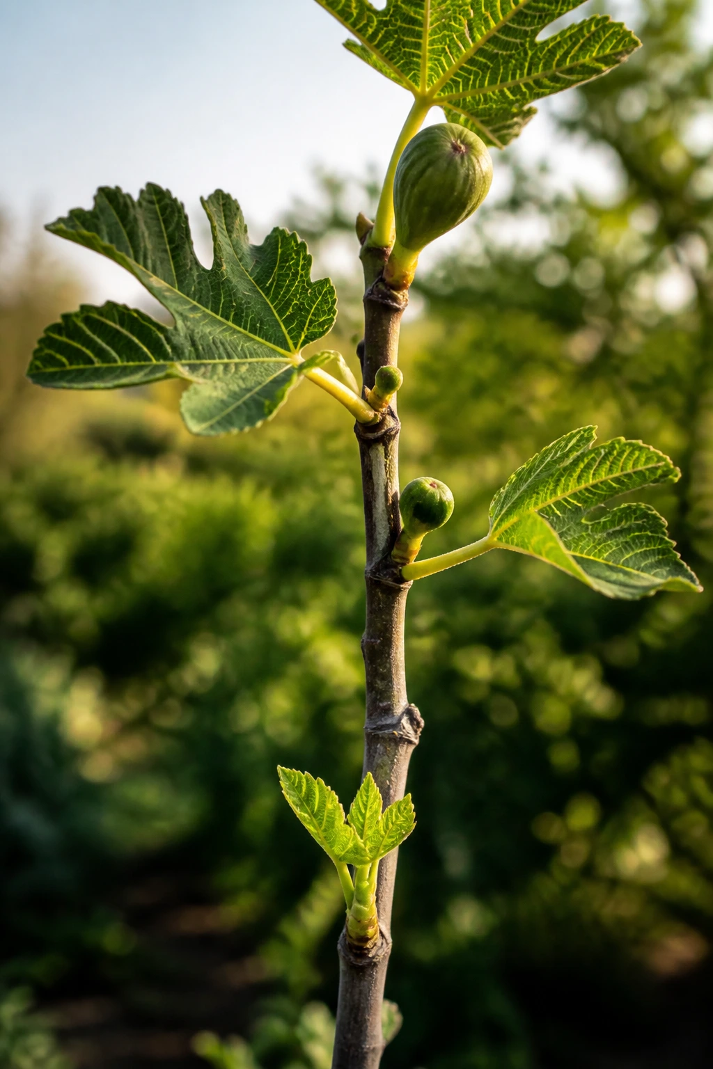 Close-up of a fig tree branch displaying growth stages from sprout to fruit in a sunlit garden