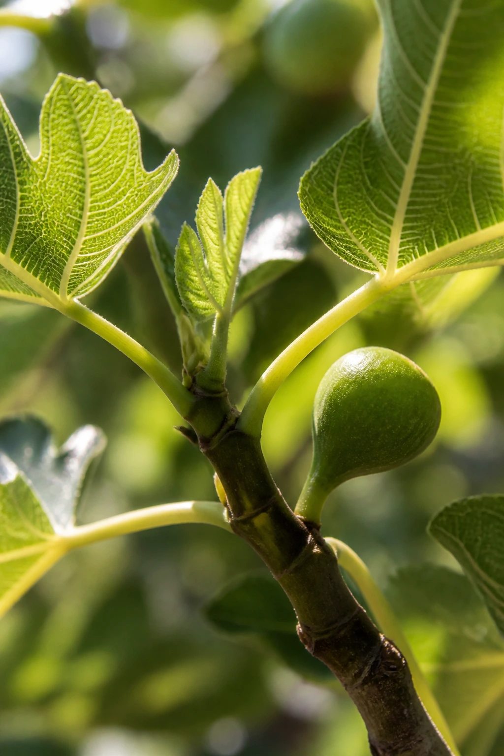 Fig tree branch with new growth and developing fruit in a sunlit garden