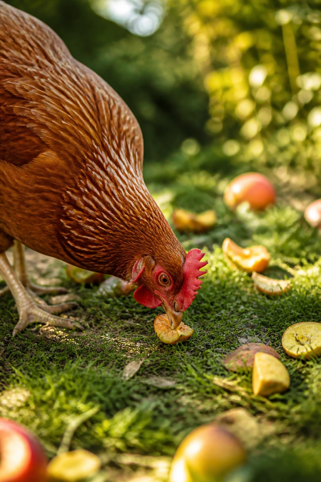 Chicken nibbling a small fruit piece in a sunny grassy yard