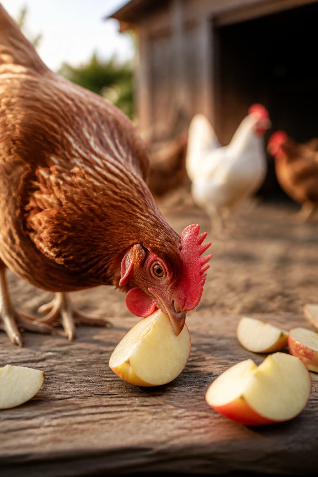 Chicken pecking peeled fruit slice on wooden board in a rural yard