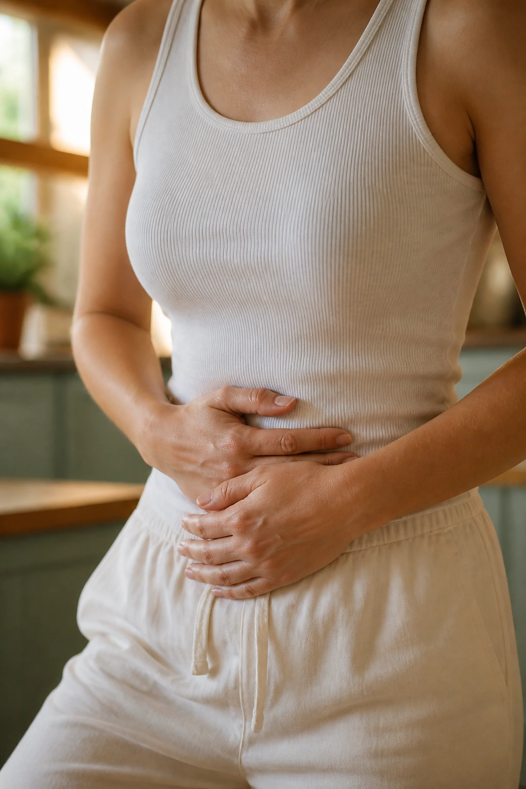 Close-up of a person holding their lower abdomen to depict gastritis in a cozy kitchen