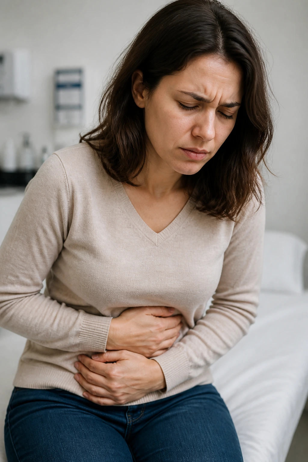 Close-up portrait of a person in a clinic touching the stomach
