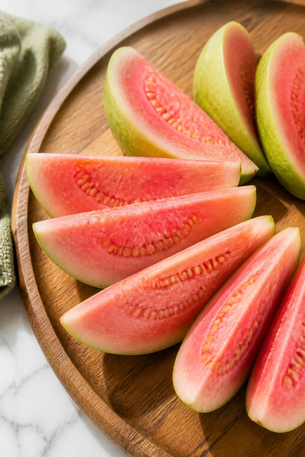 Is Guava Fruit Good For High Blood Pressure? Benefits, & More 5 Fan of fresh guava slices on a wooden board ready to eat