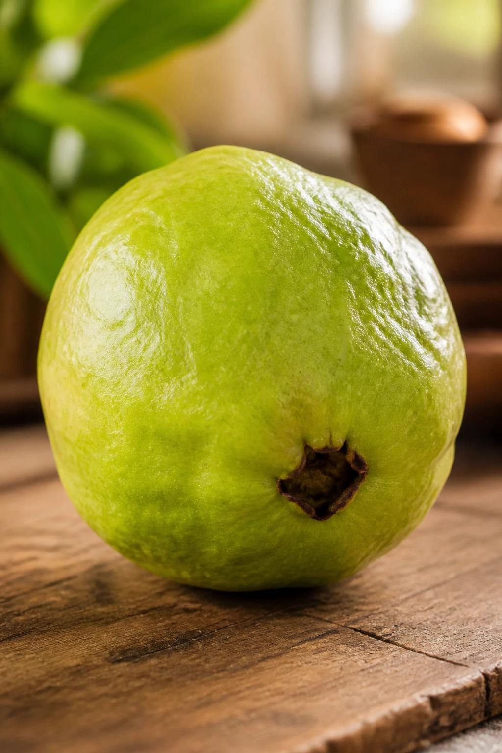 Is Guava Fruit Good For High Blood Pressure? Benefits, & More 1 Close-up of a ripe guava on wood, highlighting heart-healthy fruit for blood pressure