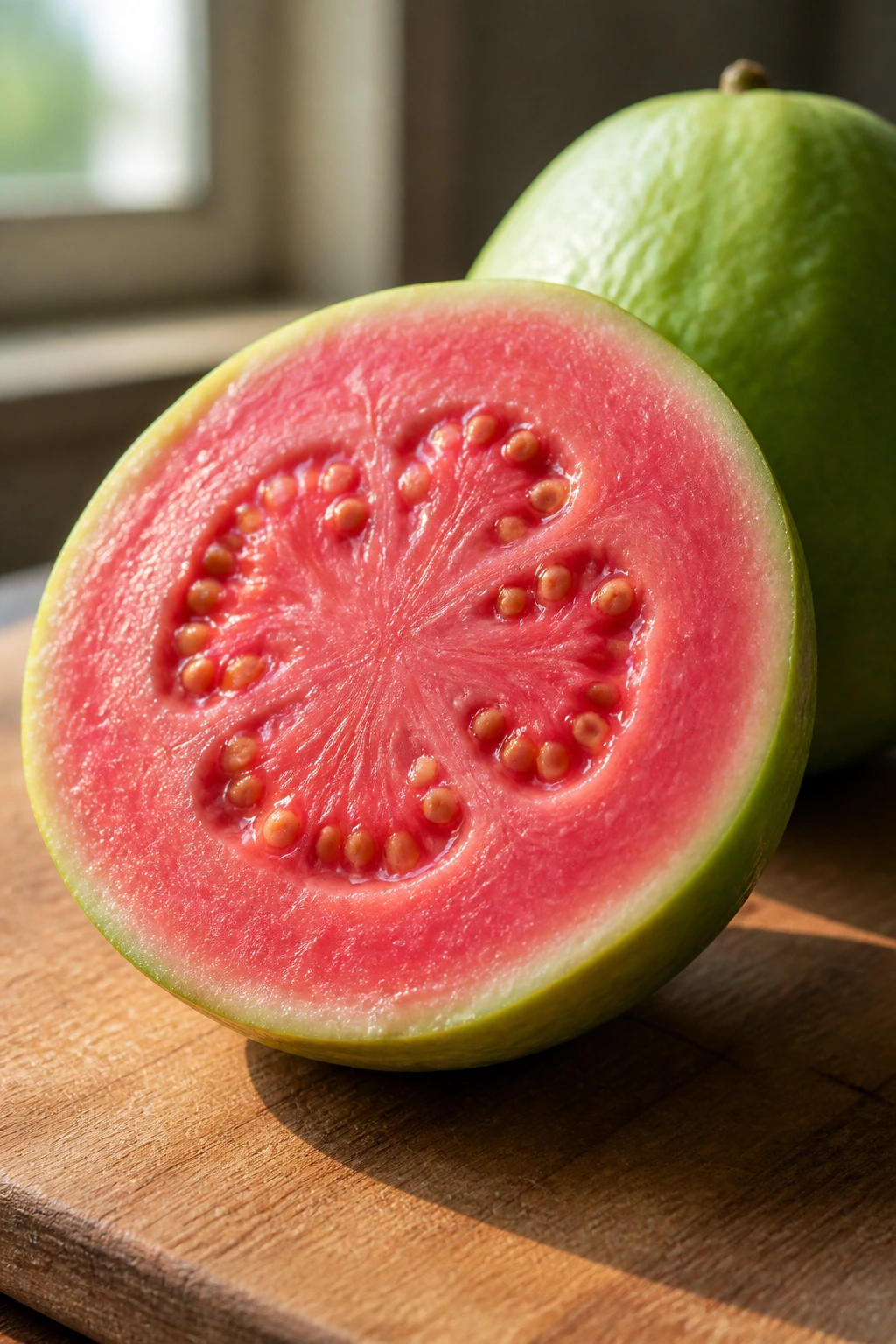 Is Guava Fruit Good For High Blood Pressure? Benefits, & More 2 Macro close-up of halved guava showing pink flesh, highlighting nutrients like potassium and vitamin C