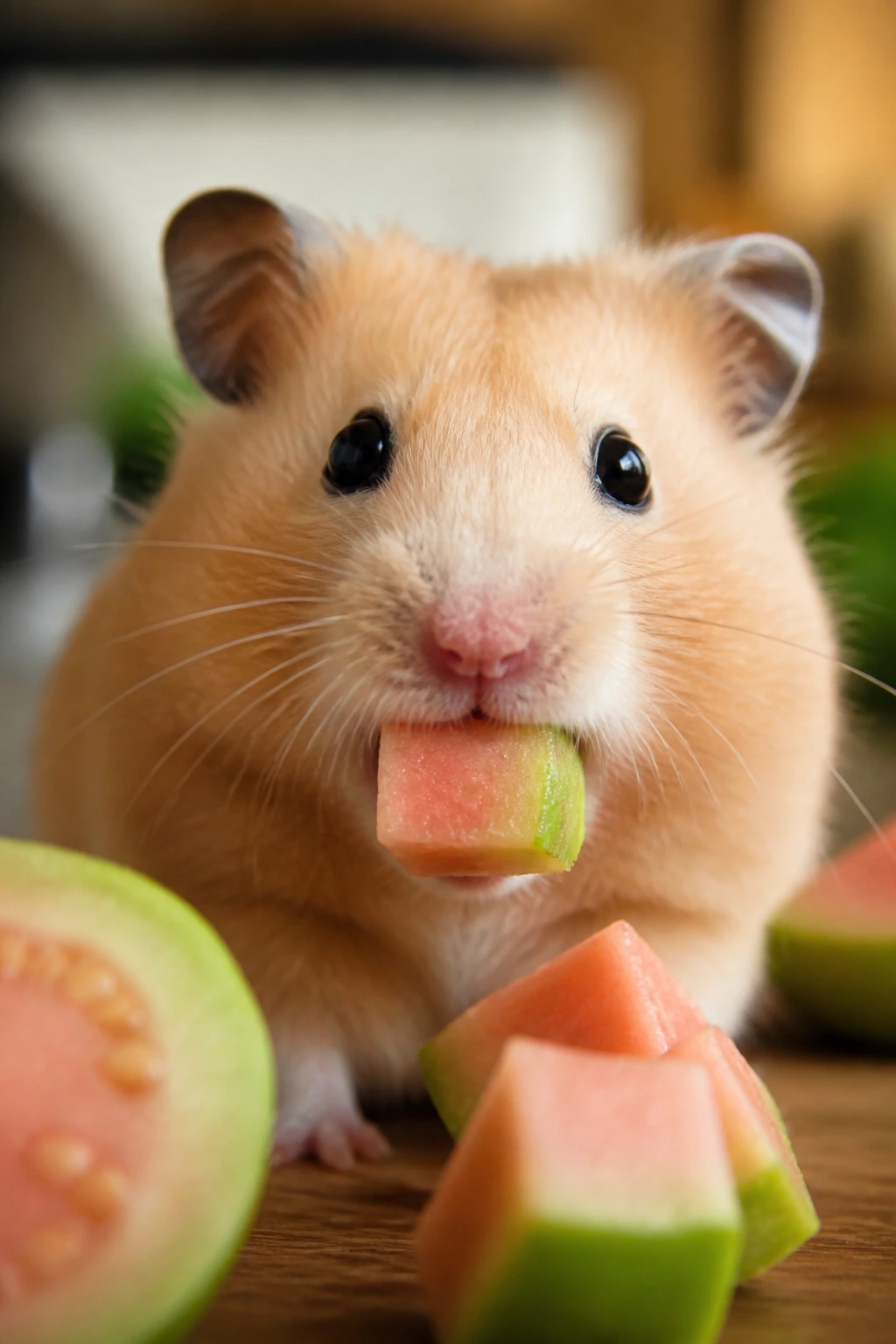 Can Hamsters Eat Guava? Find Out Now! 2 Hamster face close-up with a small guava cube in its mouth