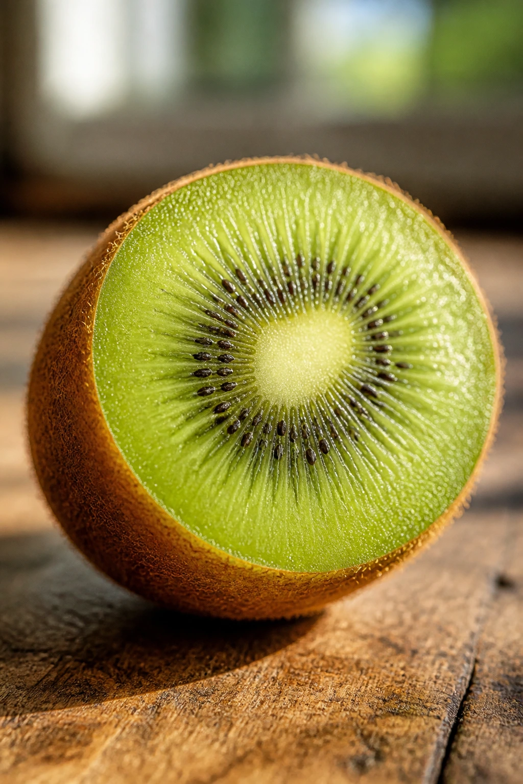 Close-up of a ripe kiwi cut open to reveal bright green flesh and tiny black seeds