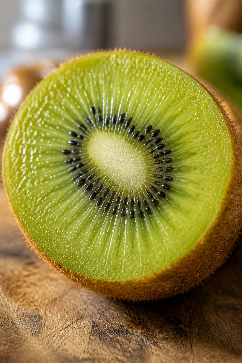 Close-up of a kiwi half on a wooden cutting board in sunlight