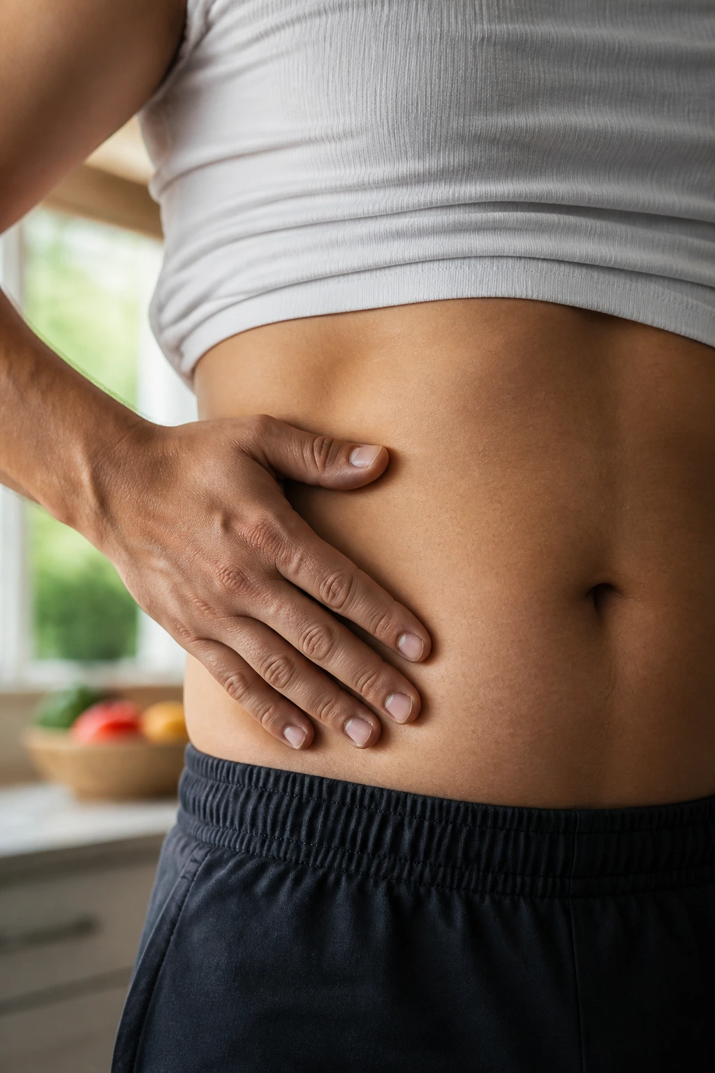 Close-up of a healthy adult's abdomen area suggesting liver health in a home kitchen