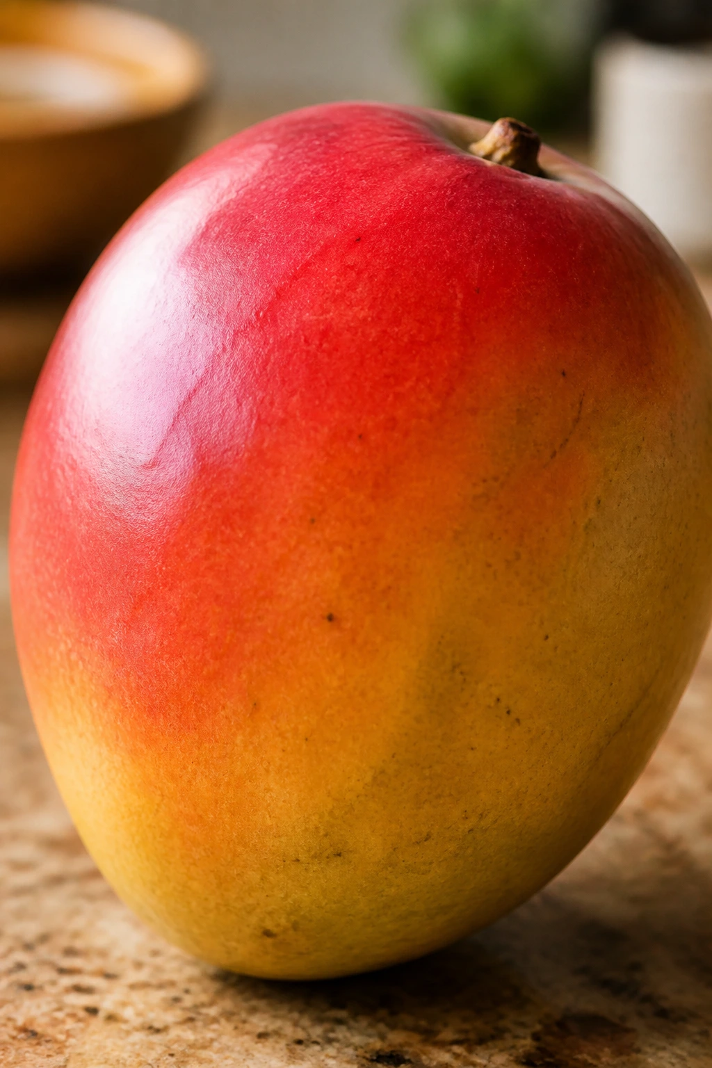 Whole ripe mango on blurred kitchen background in warm light