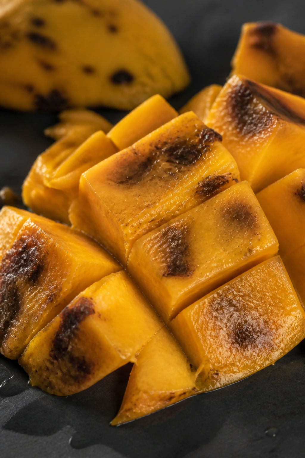 Close-up of cut mango showing brown spots and darkening