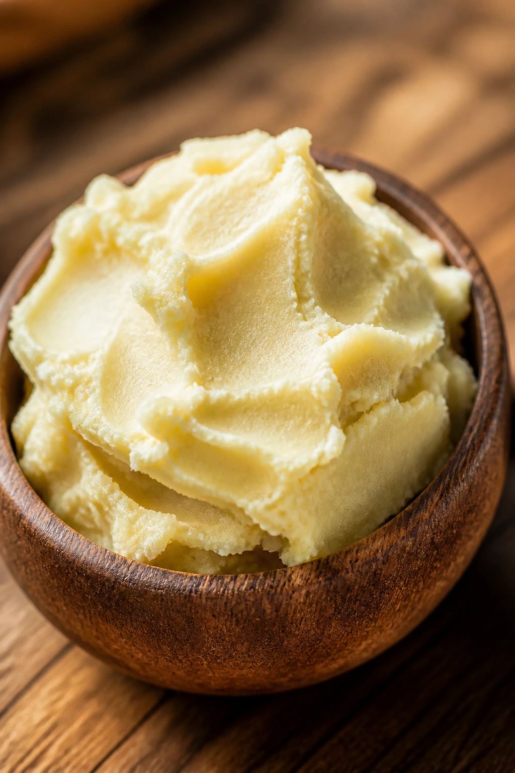 Close-up of mango butter scoop showing creamy texture on wood