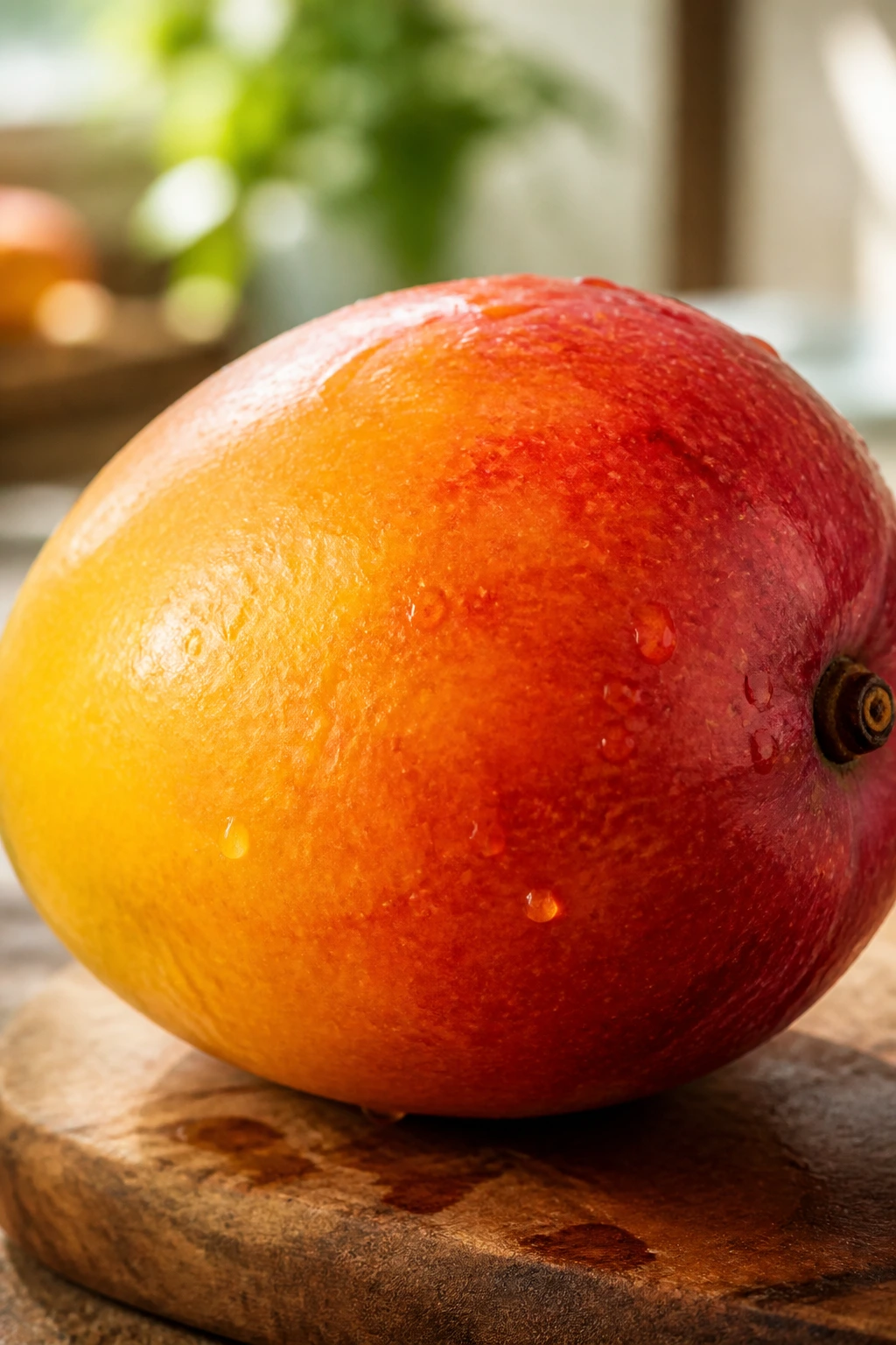 Close-up of a ripe mango filling the frame on a wooden cutting board in a sunlit kitchen