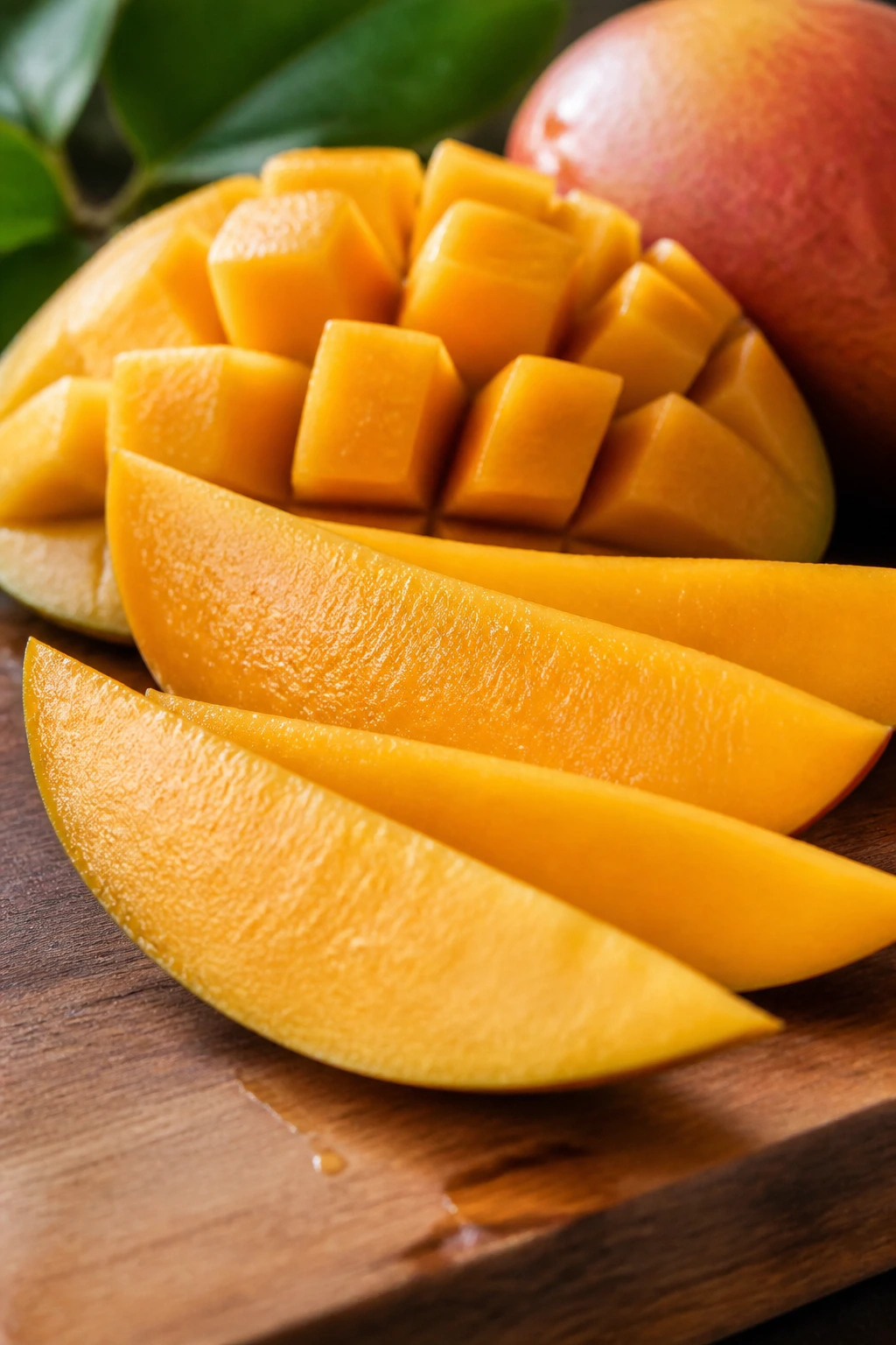 Sliced ripe mango wedges on a wooden board with warm kitchen light.