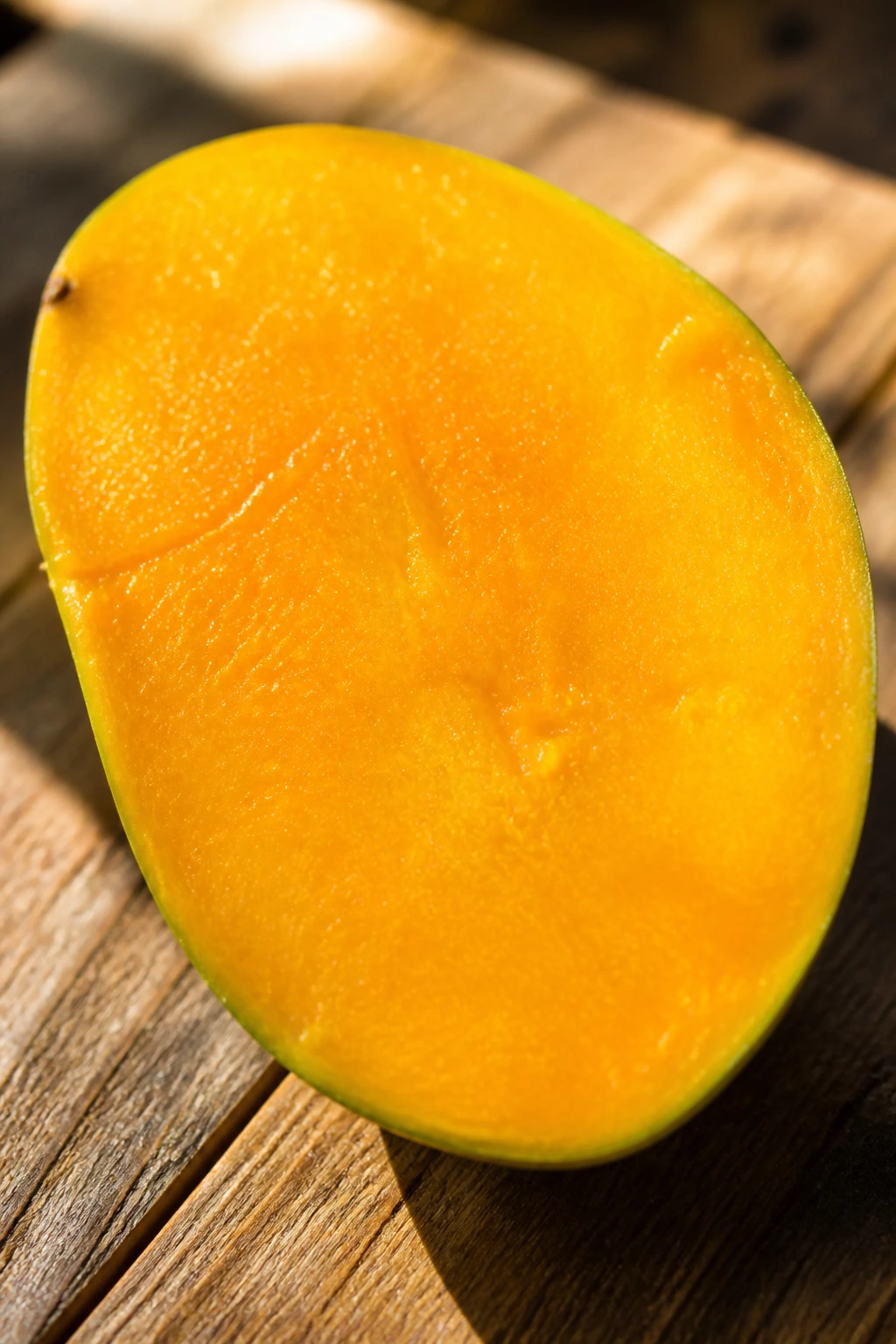 Close-up of a ripe mango half on a wooden table