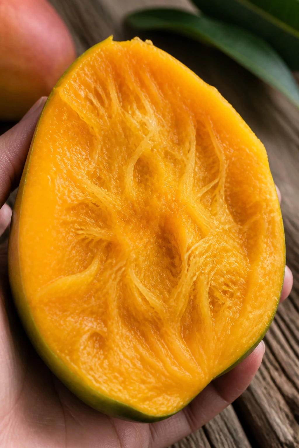 Cross-section of a ripe mango showing fibrous orange flesh on a wooden surface.