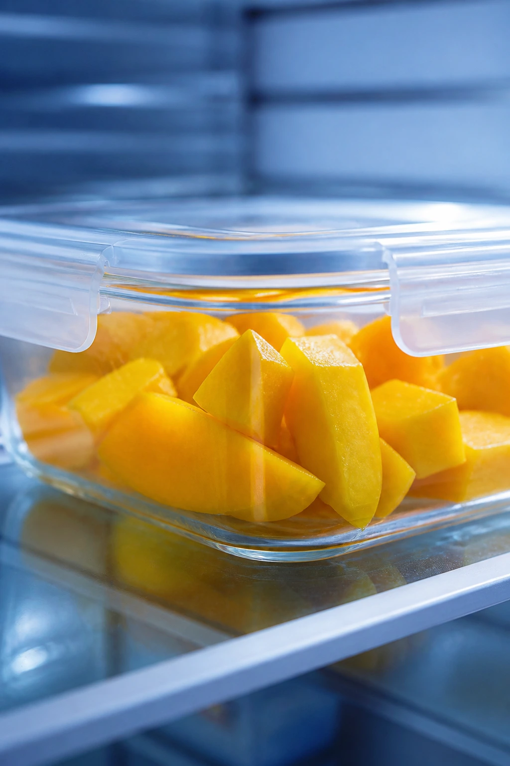Close-up of sliced mango in a clear airtight container inside a refrigerator