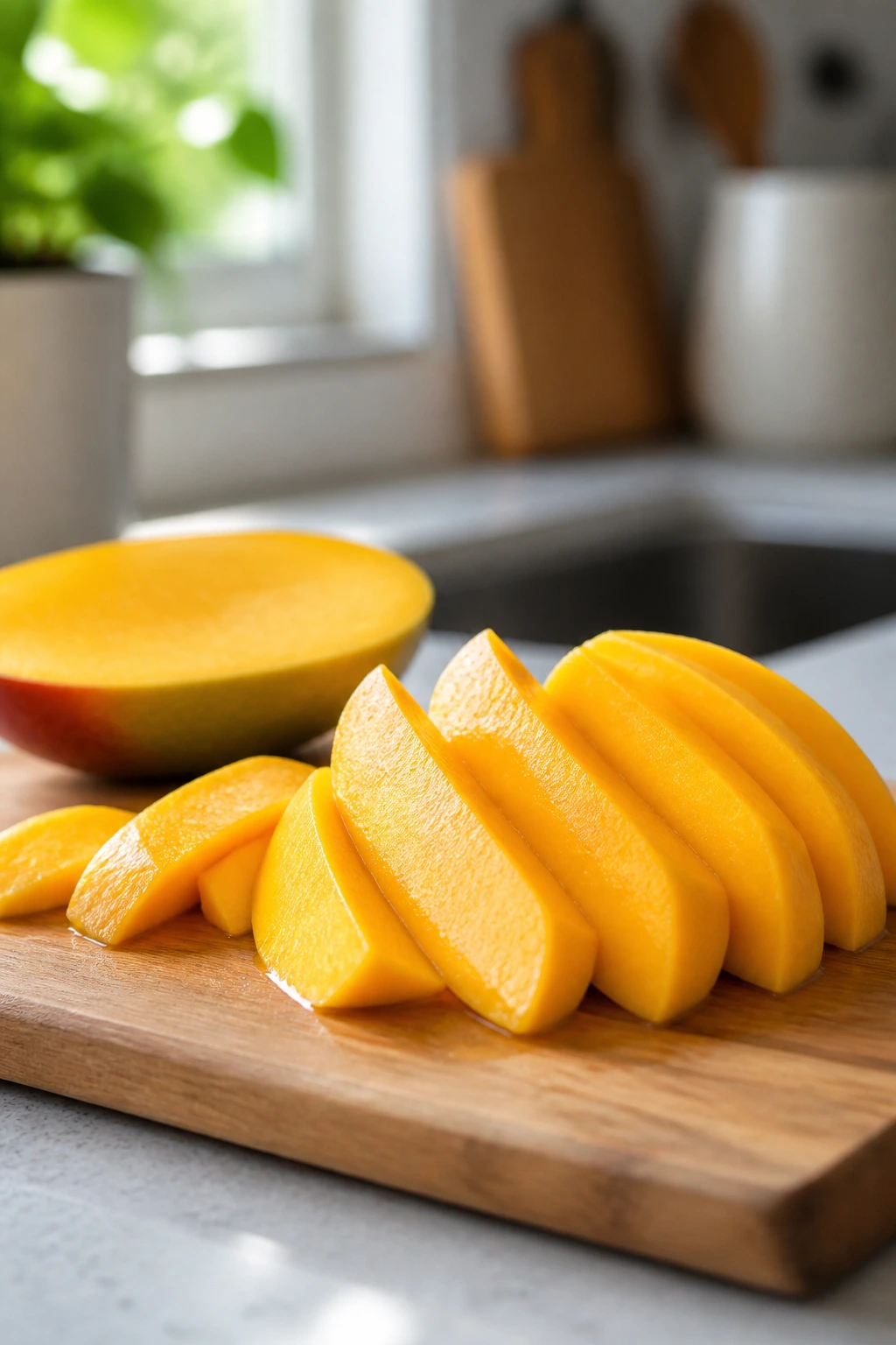 Mango slices on a clean cutting board in a tidy kitchen