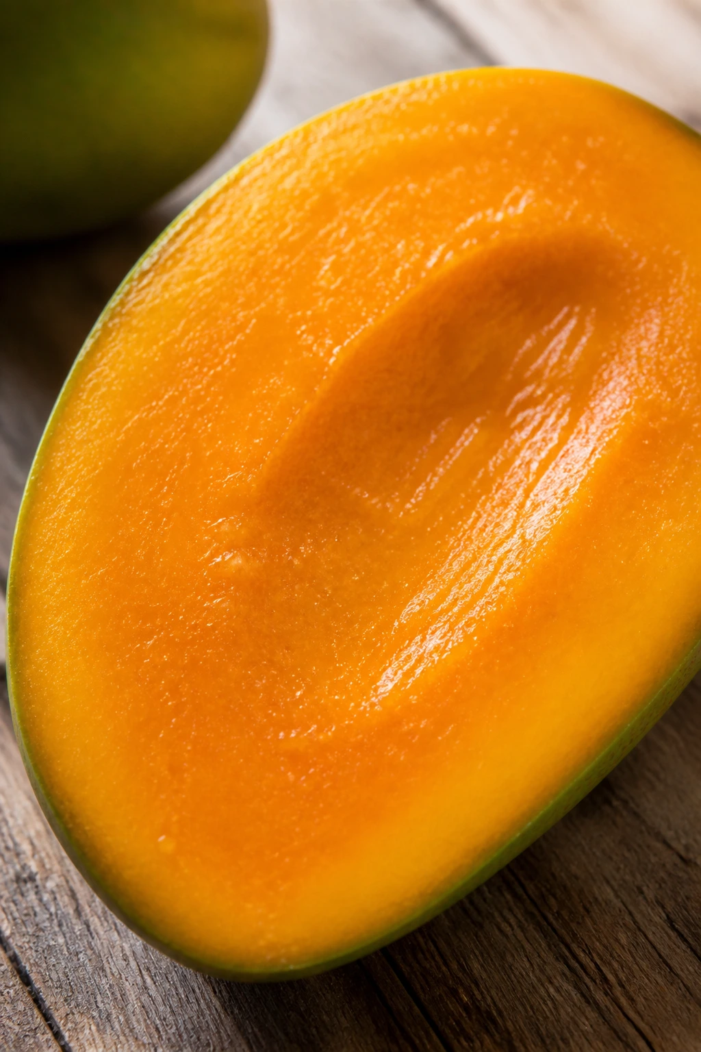 Sliced mango half with bright orange flesh filling the frame