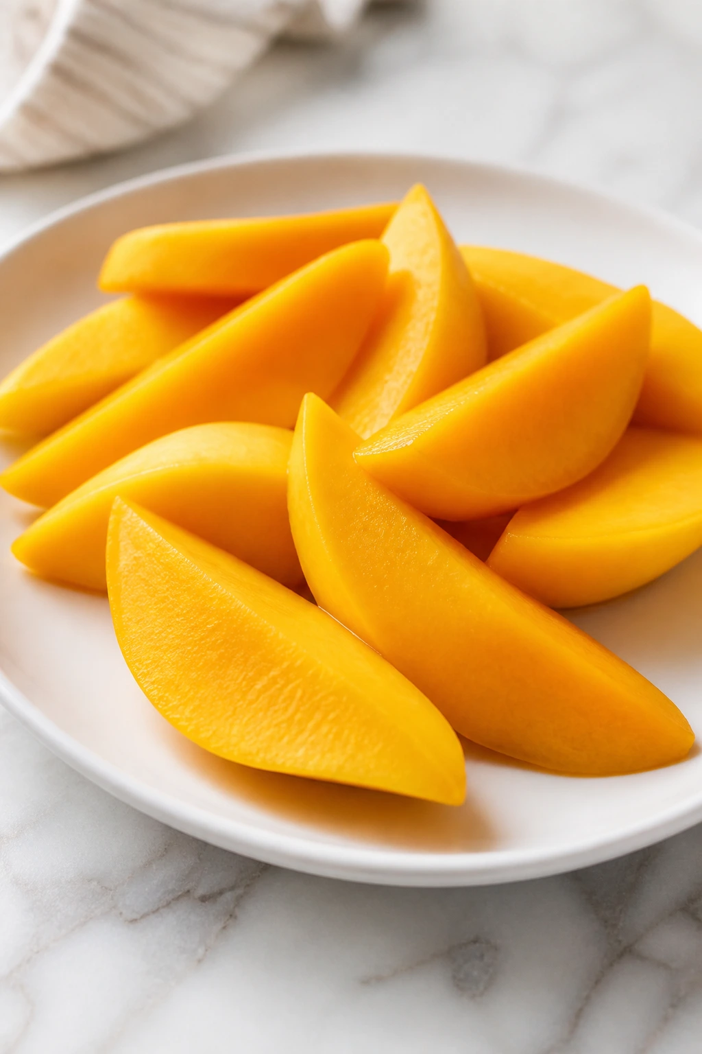 Bright orange mango slices arranged on a white plate