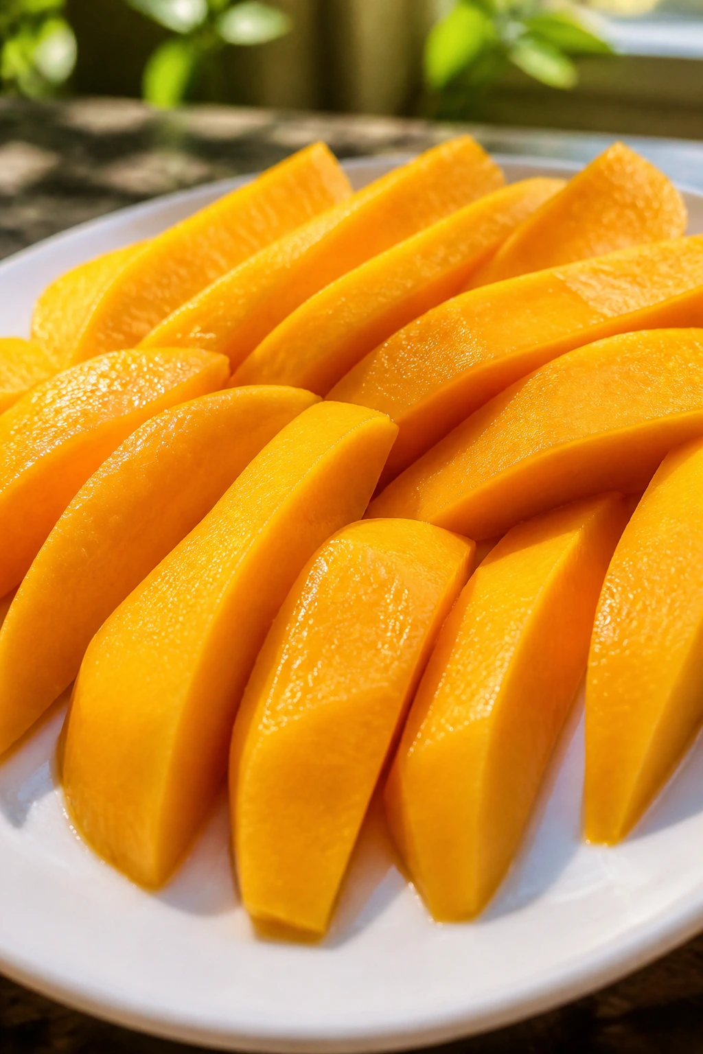 Close-up of bright mango slices on a plate in a warm kitchen setting