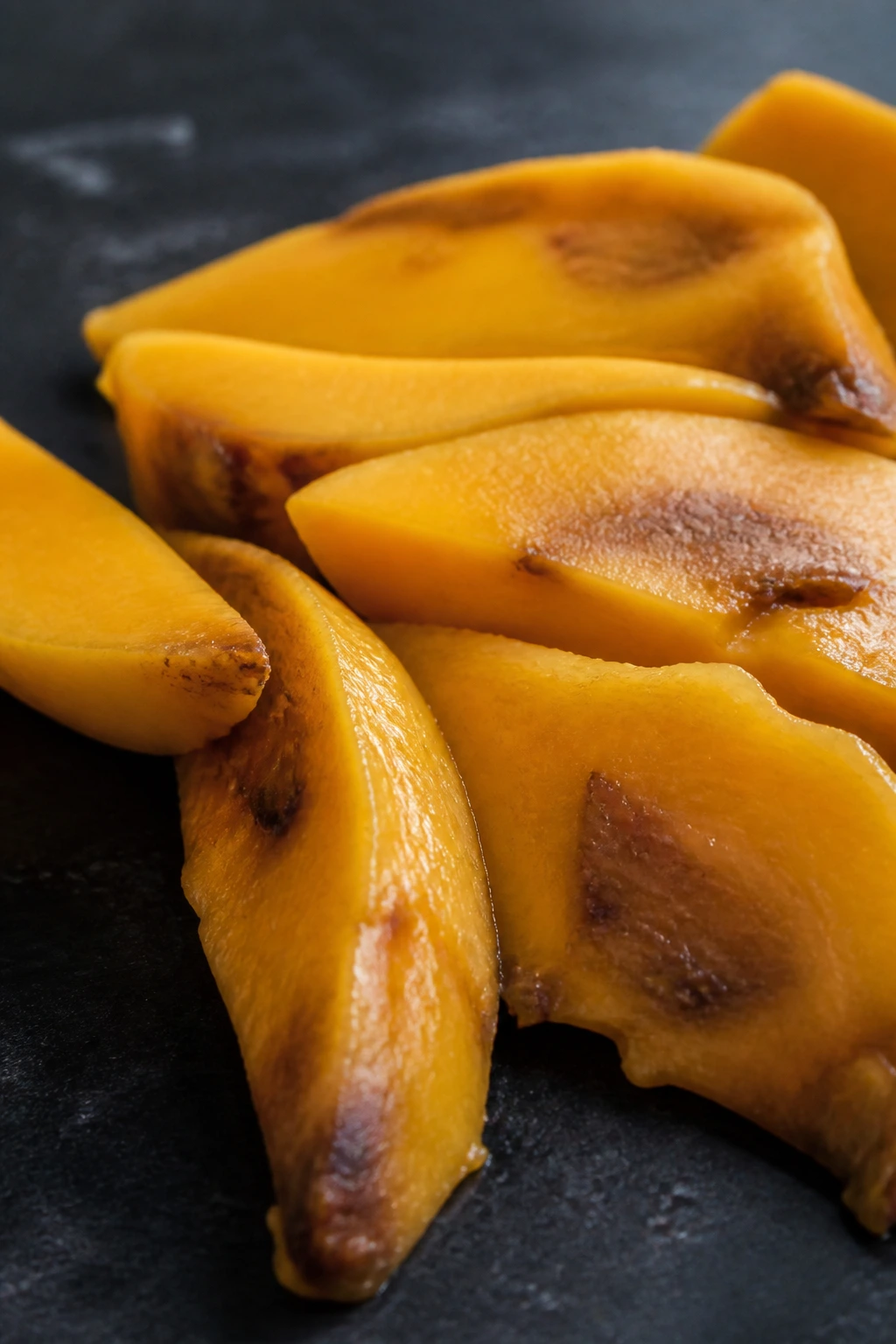 Close-up of cut mango with brown spots on a dark surface
