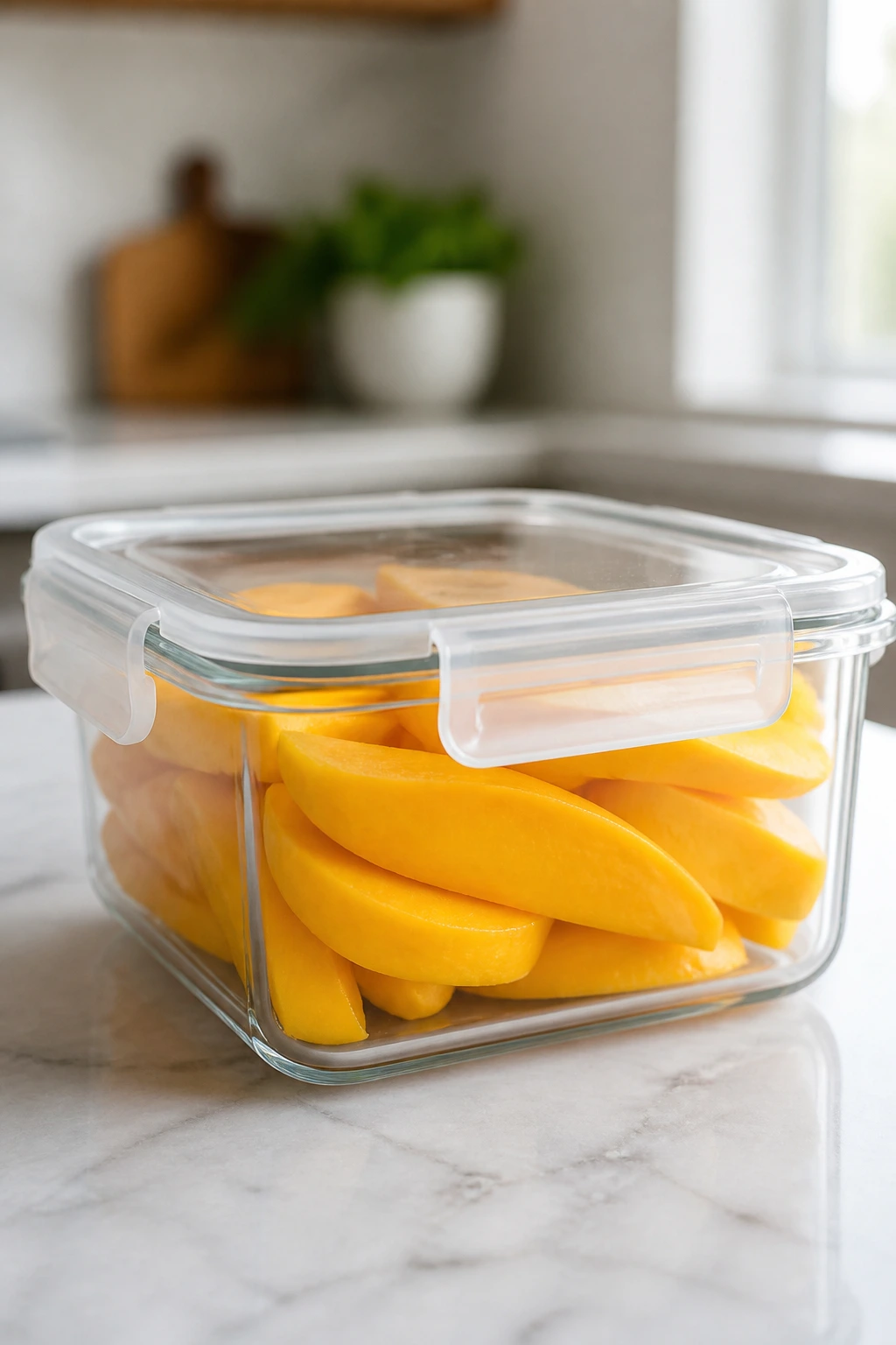 Mango slices in a sealed container on a bright kitchen counter