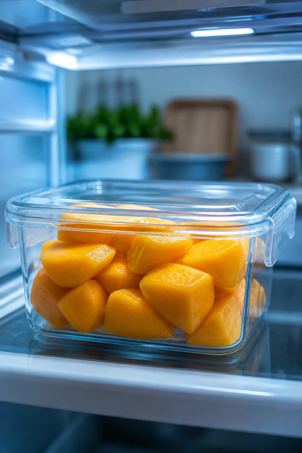 Sliced mango in a clear container inside a refrigerator