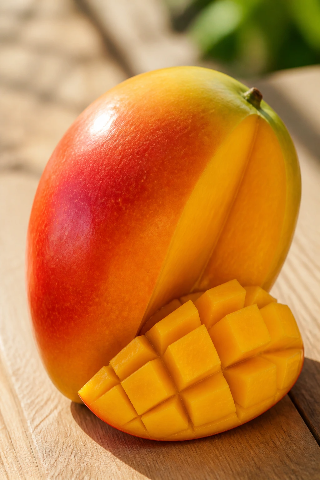 Close-up of a ripe mango with cut flesh on a wooden table in natural light.