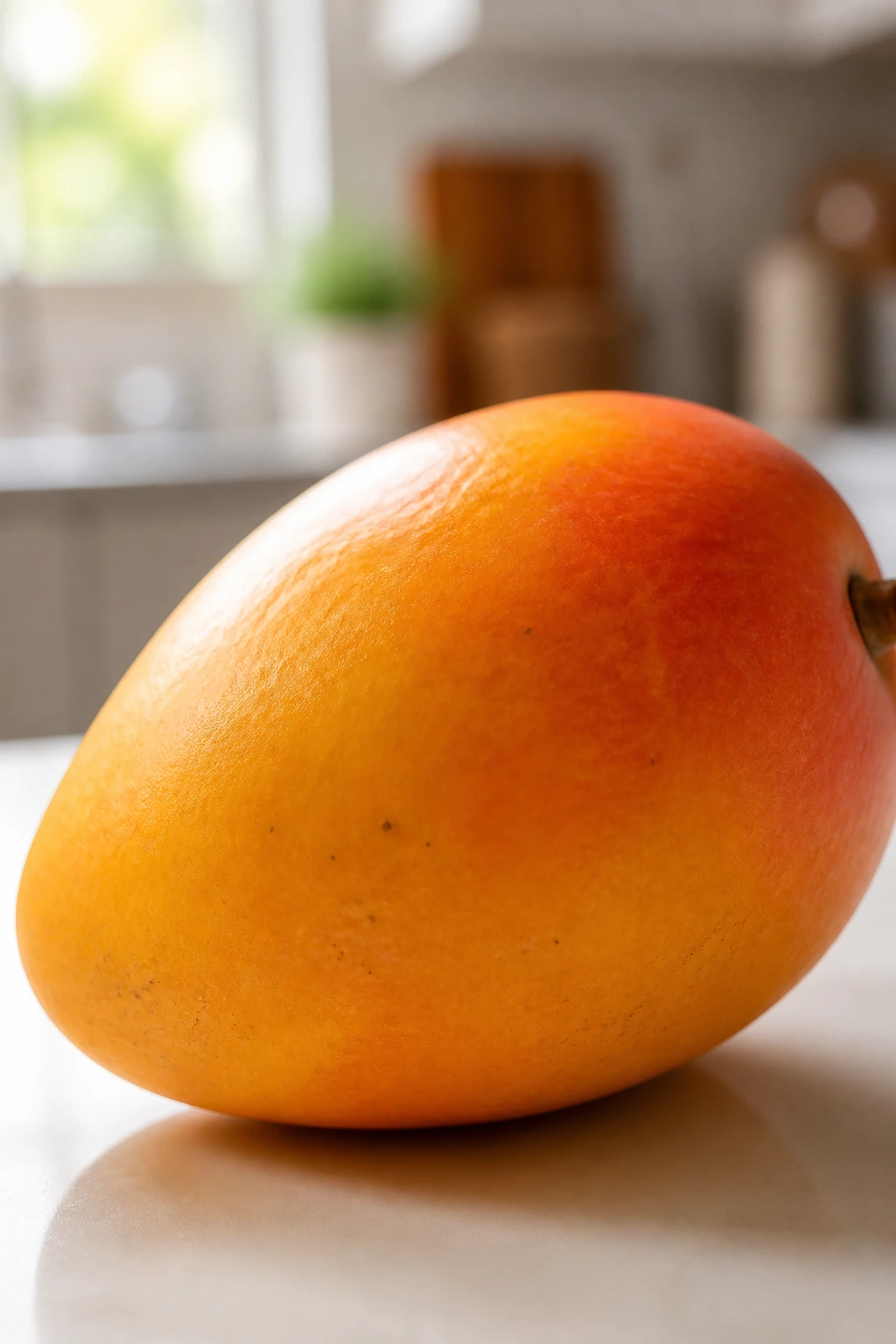 Mango on a light surface with soft kitchen background under natural daylight